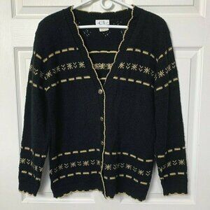 Cricket Lane Women’s Medium Black & Gold Button Front Holiday Sweater Vintage